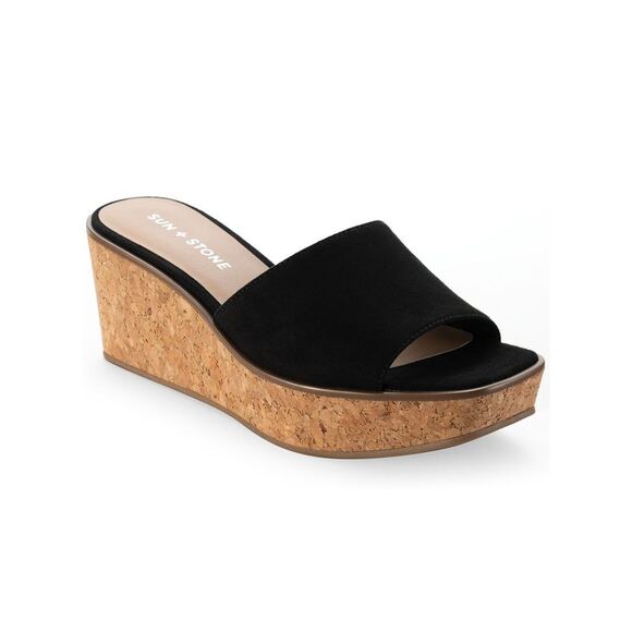 SUN STONE Shoes - SUN STONE Womens Black 0.5" Platform CorkCharlottee Wedge Slide Sandals 9 M